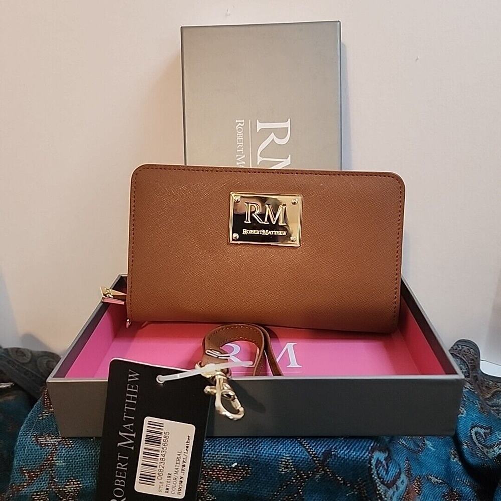 Robert Matthew Brown Jewel Leather Wallet With Wrist Strap Nwt In Original Box